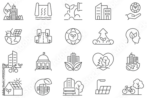 Green city web line icon vector set.  Environment eco green city icon. Green energy, zero waste, CO2 neutral, nature, environment, ecology and more. Ecology  symbol. symbol, Vector  illustration.