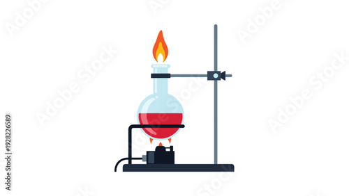 Glass flask with red liquid being heated over a blue burner flame in a laboratory setting for scientific chemistry research.