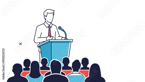 Male speaker at a podium delivering a speech to an attentive audience, perfect for conference and leadership themes.