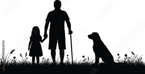Grandfather with granddaughter holding hands and loyal dog sitting in grass field silhouette vector illustration