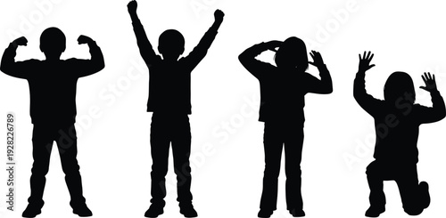 Happy child silhouettes celebrating with raised arms and playful gestures isolated on white background vector illustration set