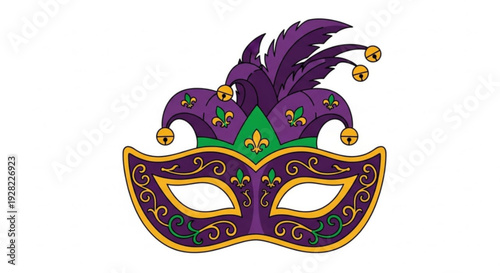 Vibrant purple mardi gras mask with gold accents and feathers on white background for festive celebrations