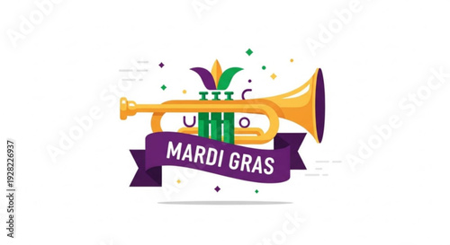 Mardi gras trumpet illustration with colorful feathers and confetti on purple banner