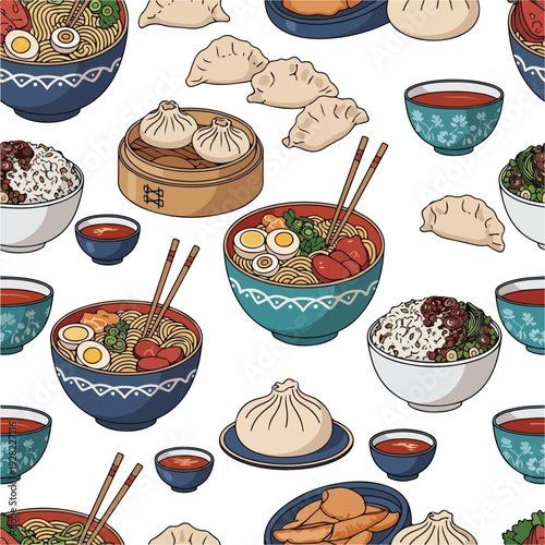Assorted Asian Dishes and Dumplings Illustration.