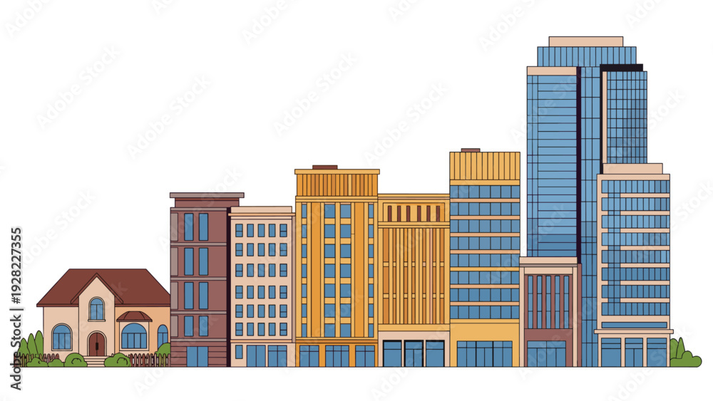 Fototapeta premium Diverse city skyline displays a row of buildings ranging from a small residential house to modern glass skyscrapers against a white backdrop.