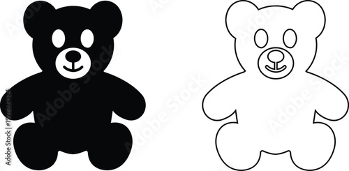teddy bear vector set collection group with cute toy silhouette and outline icons, baby nursery plush mascot symbol isolated on transparent background, editable minimalist design