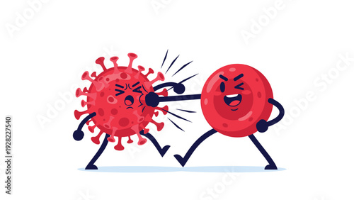 Personified red cell character punches a spiky virus molecule to represent the immune system fighting off an infection and protecting health.