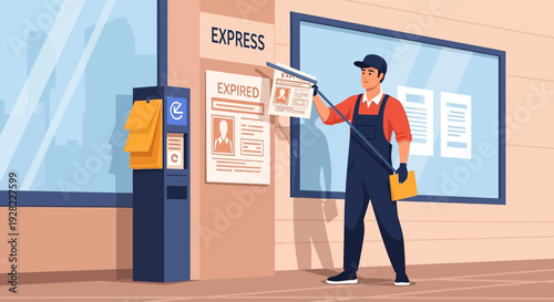 Postal Worker Delivering Mail at Post Office.