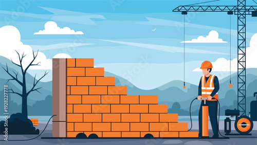 Construction worker in a safety helmet and vest uses a jackhammer tool to break down a brick wall at a building site during daytime.