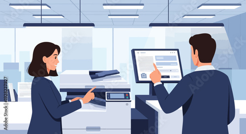 Man and woman using office printer together.