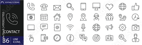 Contact related icons set. Including phone, email, address, form, connection, support, chat, message, call and communication. Editable stroke. outline icons.
