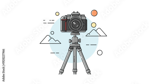 Professional digital camera is mounted on a grey tripod with a scenic landscape of mountains and geometric shapes in the background.