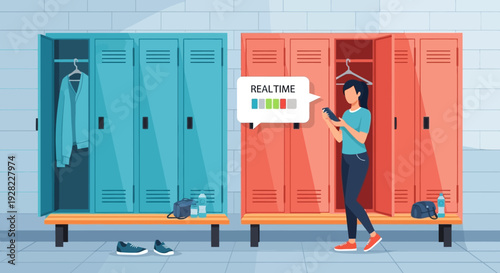 Woman Standing Near Open Locker Checking Phone.
