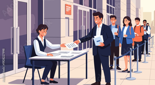 Man Handing Out Papers to People in Line.