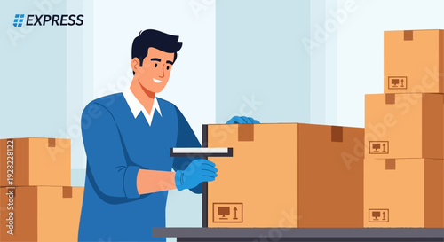 Delivery Man Handling Cardboard Boxes in Warehouse.