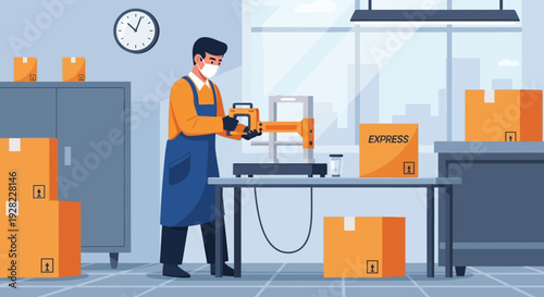 Warehouse Worker Scanning Boxes with Barcode Scanner.