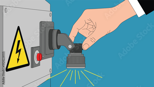 Hand in a black suit sleeve reaches to pull a power switch handle on a grey electrical control panel with a yellow danger warning sign.