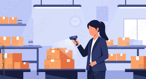 Woman Scanning Packages in Warehouse Office.