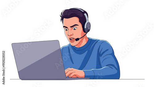 Young man wearing a headset looks at a laptop screen with a shocked expression while working in a customer support or gaming environment.
