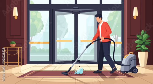 Man Vacuuming Floor with Cleaning Equipment.