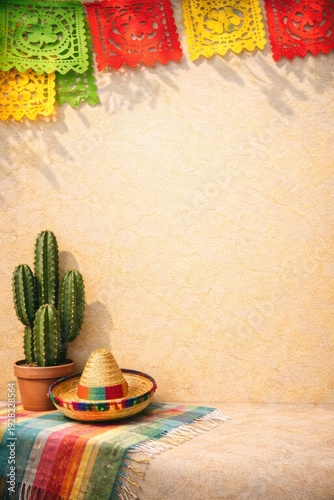 Mexican fiesta background with cactus and sombrero under colorful papel picado banners featuring large copy space for text, Cinco de Mayo celebration concept.