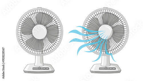 Two white electric desk fans are shown in an illustration with one turned on blowing cool air indicated by blue waves.