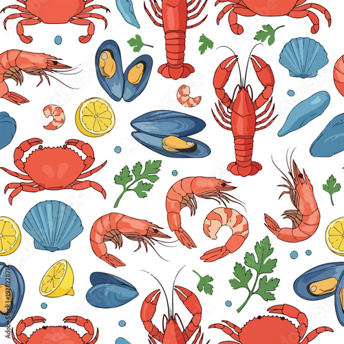 Seafood Pattern Featuring Crabs and Shrimps.