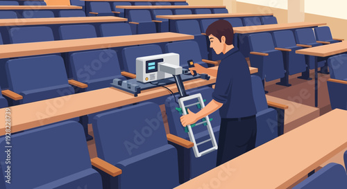 Man Examining Documents in Empty Classroom.