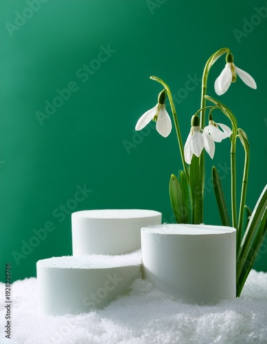 White empty podiums on snow on pale green background with snowdrop flowers. Springtime concept