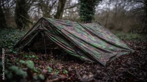 Camouflage netting draped over a rough terrain shelter in a woodland forest setting