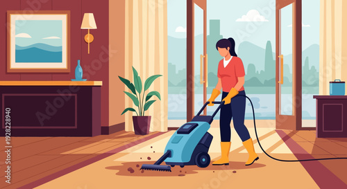 Woman Cleaning Carpet with Vacuum Cleaner.