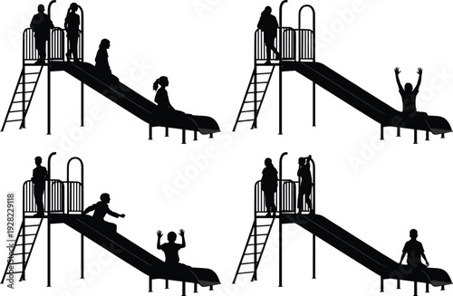Children playing on playground slide silhouettes, kids climbing ladder and sliding down, park activity isolated on white background