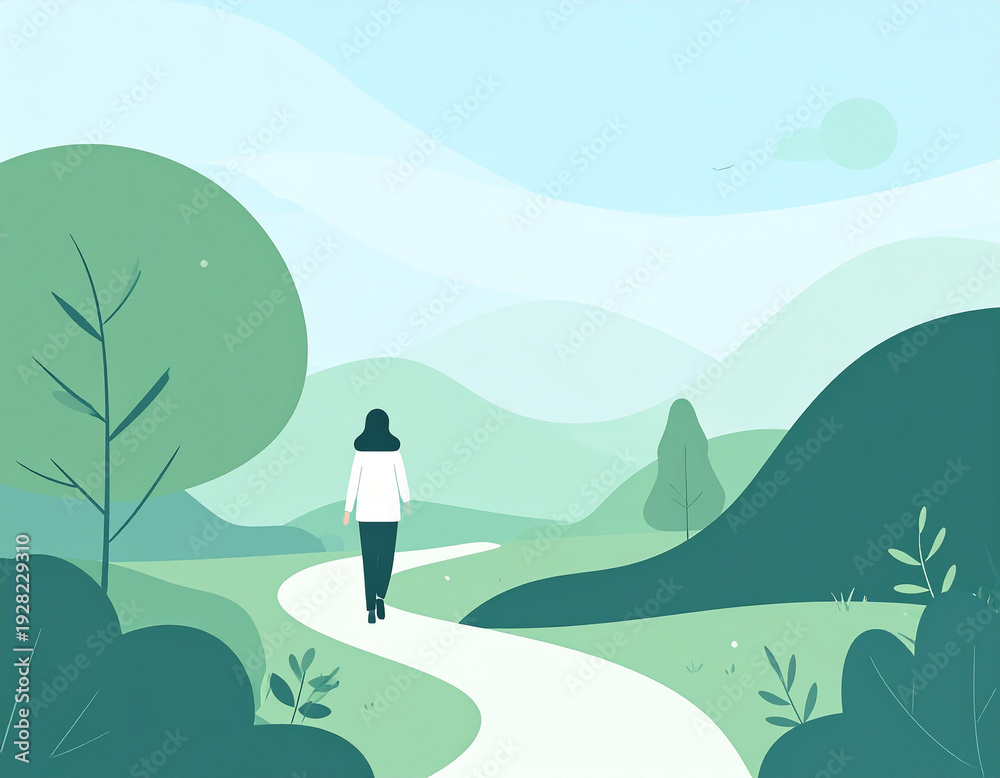 Obraz premium A girl walks along a winding path among green hills and trees. The minimalist illustration in calm tones symbolizes the path to the goal, harmony with nature, and inner peace.