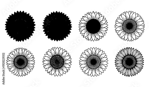 Black and white sunflower icons mix outline and silhouette vector isolated on transparent background