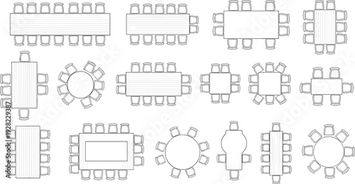 Conference table top view layout set, meeting room furniture plan collection, office boardroom seating arrangement vector illustration