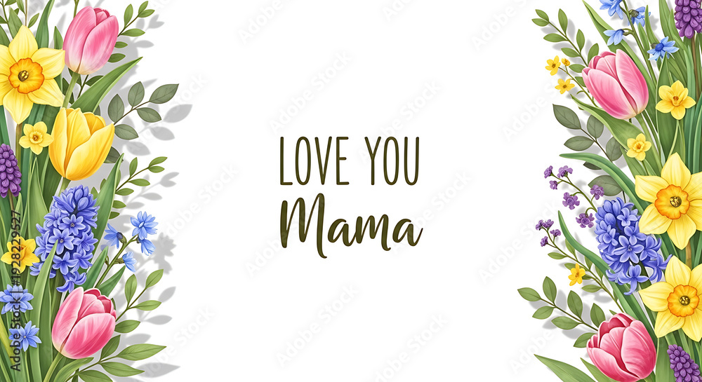Fototapeta premium A colorful floral card with the words 'Love You Mama' on a white background