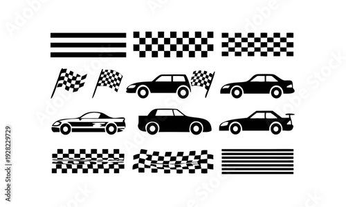 racing cars and race car stripes icon set vector including checkered flag icons, bold finish line elements, fast stripe patterns, and sport graphics ideal for automotive branding, motorsport visuals,.