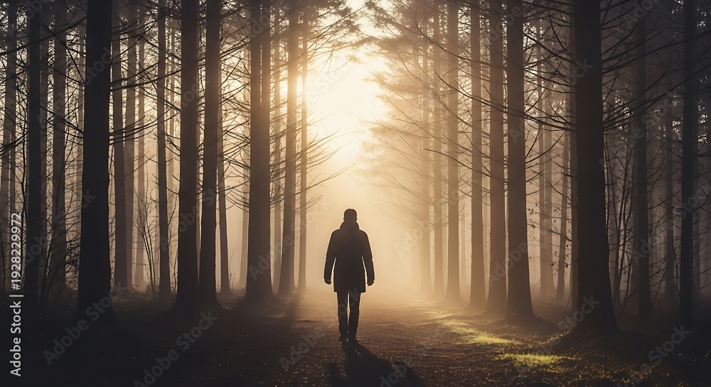Fototapeta premium Person walking alone through misty forest towards sunlight