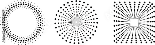 Three abstract shapes composed of numerous small black dots on white