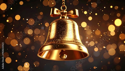 Wallpaper Mural Elegant Golden Bell with Bow Surrounded by Glistening Light Orbs on Dark Backdrop Torontodigital.ca