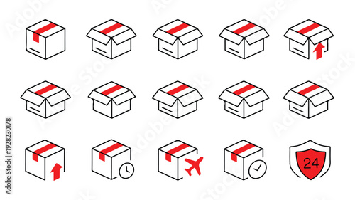 Set of icons representing logistics, shipping, delivery, and package tracking services including options for express delivery, time-sensitive delivery, and secure delivery