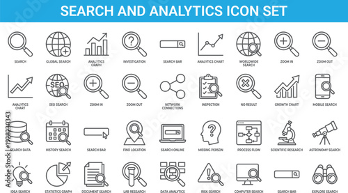 Search and analytics icon set, magnifier symbols, SEO research tools, data exploration, global search vector outline collection pack