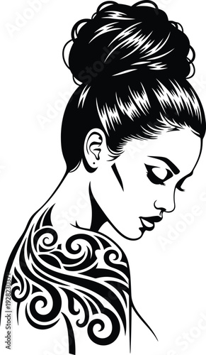 Side view of woman with high hair bun and swirling filigree tattoo on shoulder black and white minimalist vector illustration on transparent background.