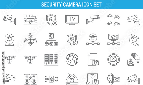Security camera icon set, CCTV surveillance, home monitoring, shield protection, smart system, drone camera, vector collection illustration