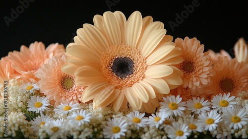 Vibrant bouquet of soft peach and white flowers against a dark background