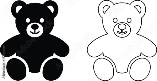 teddy bear vector set collection group with cute toy silhouette and outline icons, baby nursery plush mascot symbol isolated on transparent background, editable minimalist design