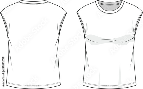 Women's basic sleeveless muscle tee technical fashion sketch, front and back views, crew neck jersey tank top CAD drawing flat vector illustration.
