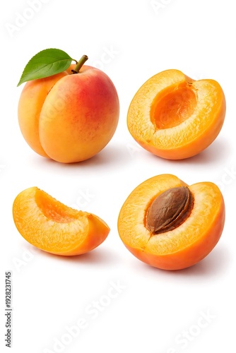 A vibrant display of fresh apricots with one cut open to reveal its pit