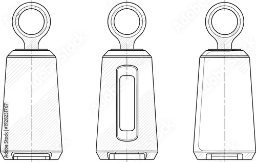 Industrial metal toggle cord stopper technical fashion sketch, front side and back views, drawstring cord lock CAD drawing flat vector illustration.