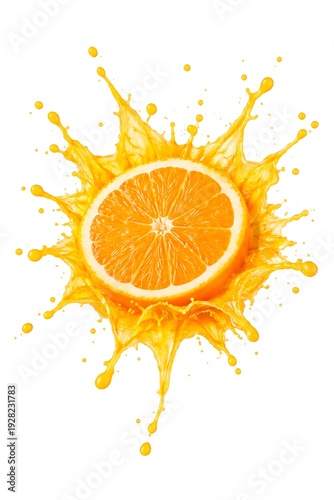 A vibrant orange slice explodes in a dynamic splash of juice on a clean white background